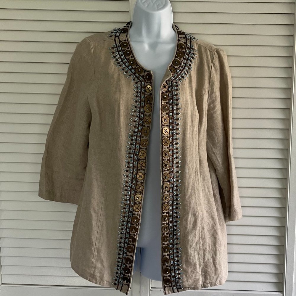 Chicos Open Style Linen Jacket with Metal Discs and  Beading trim. Beige, Size 1